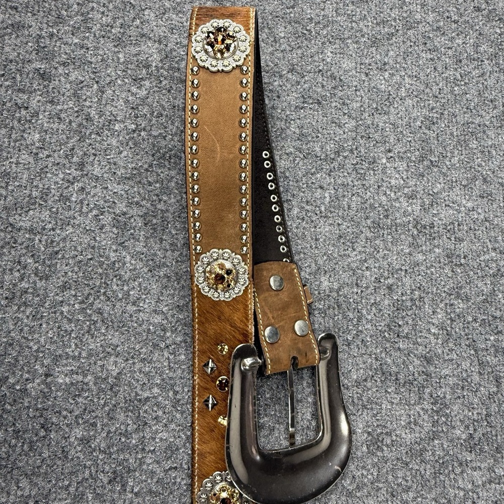 Nocona Leather Belt L Brown Calf Hair Studded Rhinestone Sliver Bling Cowgirl - Picture 8 of 8